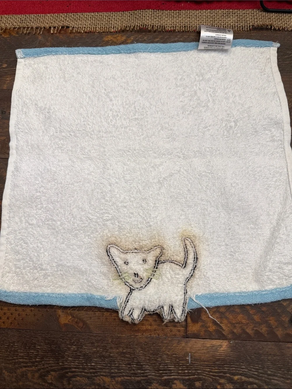 Vintage Saturday Knight Ltd White Blue Trim Cat Washcloth Towel Replacement